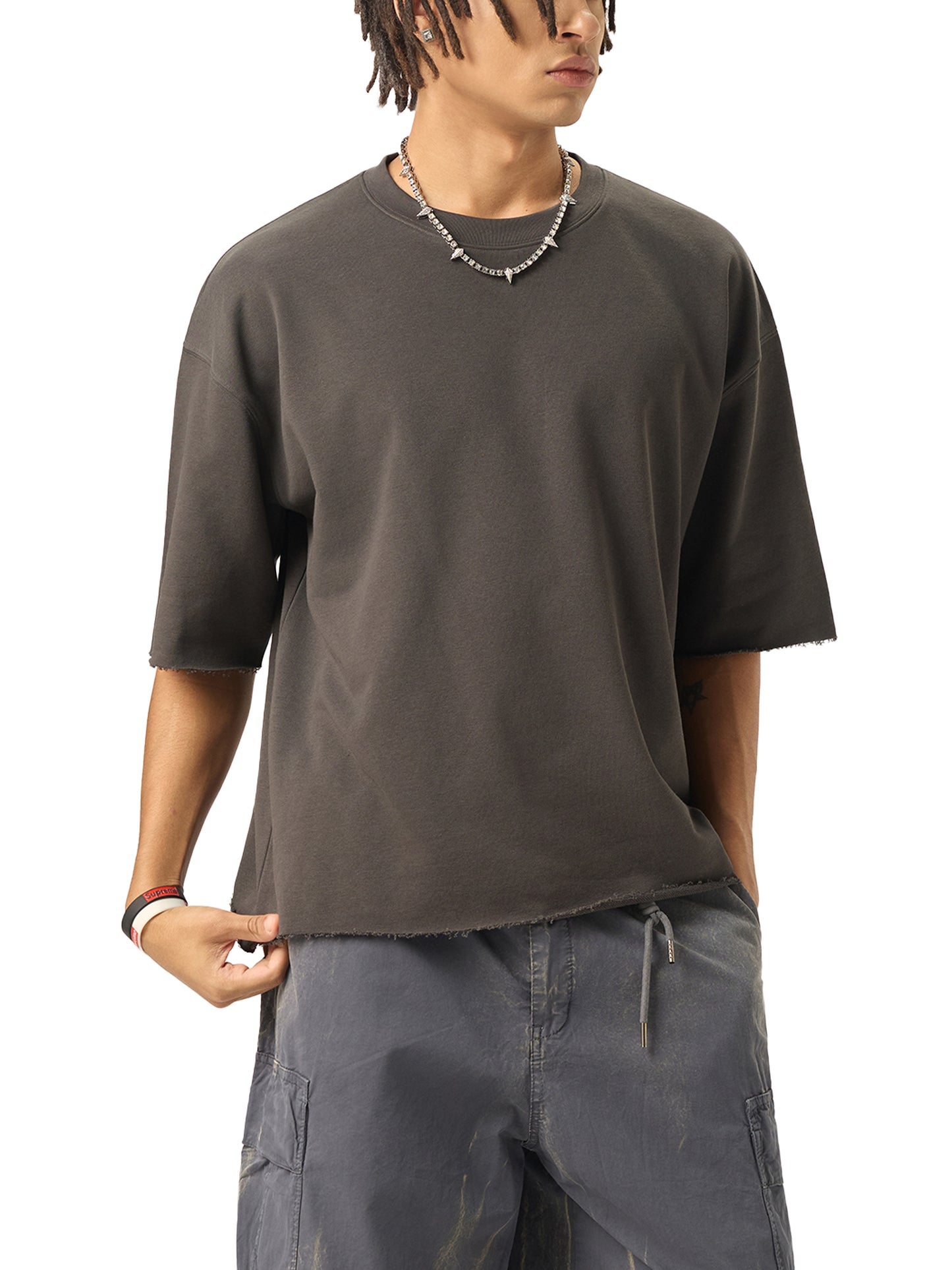 LUCKY 7'S - Boxy Half-Sleeve Raw-Edge T-Shirt