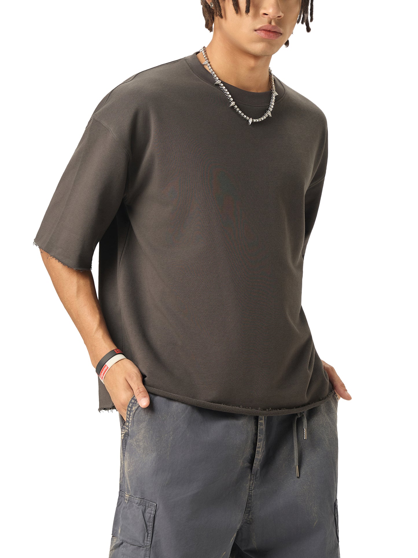 LUCKY 7'S - Boxy Half-Sleeve Raw-Edge T-Shirt